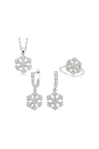 Kar Tanesi Gümüş Kolye Küpe Yüzük Taşlı Üçlü Set Tst07