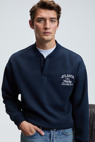 Grimelange JETHRO Erkek Bomber Yaka Patlı Düğmeli Göğsü Nakışlı Relaxed Fit Lacivert Sweatshirt