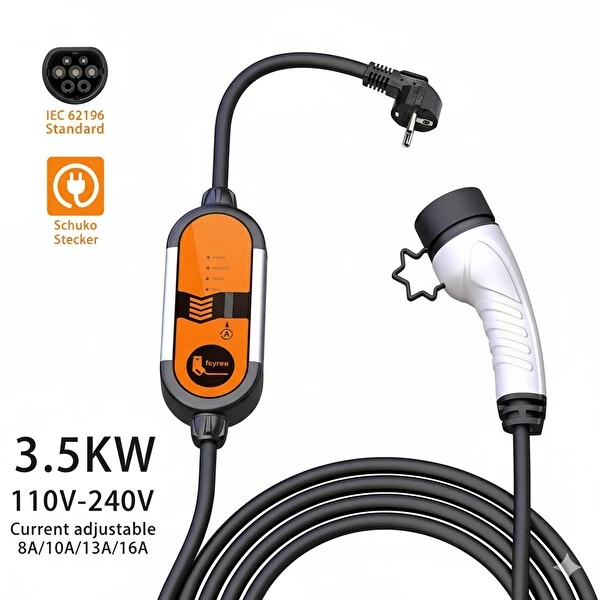 Feyree 5 Metre Ev Prizi Elektrikli Araç Şarj Cihazı - 3.5 Kw - Tip 2 - Taşınabilir Şarj Cihazı 3.5 KW
