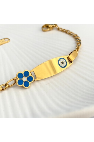 Bebek Bileklik Bebek Hediyelik Künye Mavi Çiçek 316l Paslanmaz Çe Gold