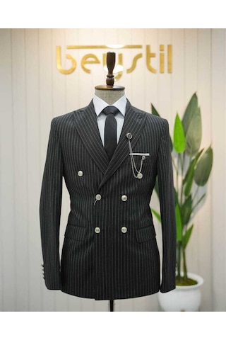Beystil Sivri Yaka Siyah Çizgili Kruvaze Takım Elbise Bezayak036- Slim Fit Siyah