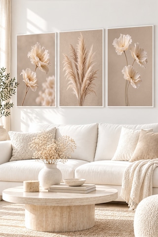 Beyaz Ahşap Çerçeveli Ivory Bloom 3'lü Mdf Tablo Seti Krem Çiçek Pampas Duvar Dekoru Renk: Beyaz