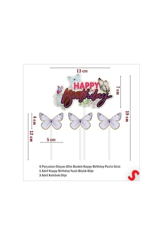 Kelebekli Happy Birthday Pasta Süsü 4 Lü Set - Mor
