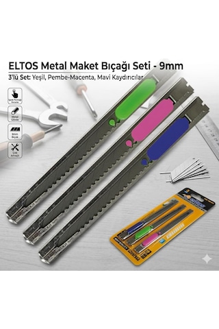 Eltos 3'lü Metal Maket Bıçağı Seti - 9mm İnce Dar Tip, Paslanmaz Çelik Gövde, Hassas Kesim İçin Kilitli Mekani