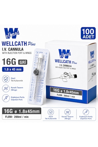 Wellmed Wellcatch Plus 16g Gri İ.v. Branül 1.8 45 Mm Portlu Kanatlı Steril 500 Adet