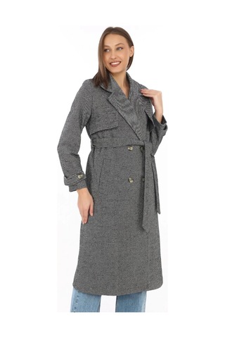 Kadın Uzun Kaşe Kaban Balık Sırtı Dokuma Kaşmir Kumaş, Kruvaze Yaka, Kuşaklı Cepli Model, Oversize Boyalı Gri