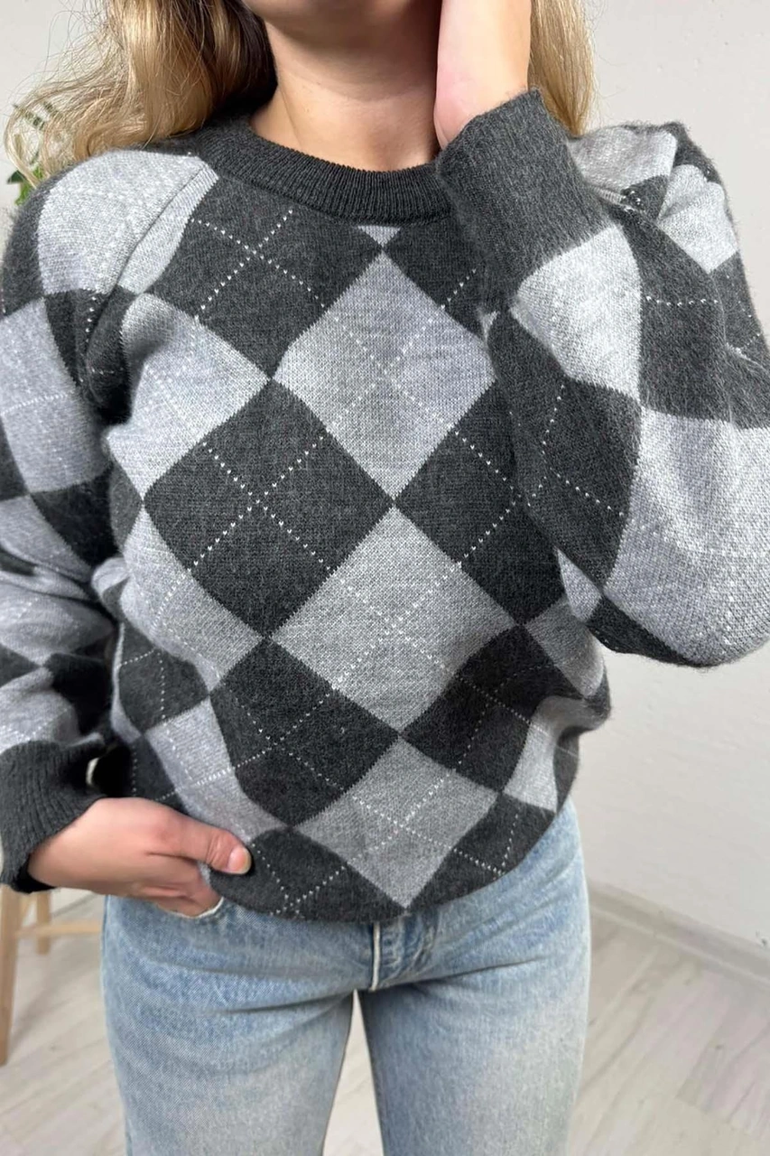 Explode - Kadın Gri-siyah Baklava Desenli Bisiklet Yaka Oversize Triko Kazak Gri