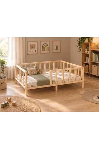 Montessori Modeli Yatak 80x160 Doğal Ahşap Çocuk Yatak Karyola Kapılı