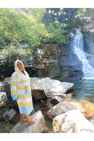 Çanta Olabilen %100 Pamuk Standart Beden Plaj Banyo Bornoz Sarı
