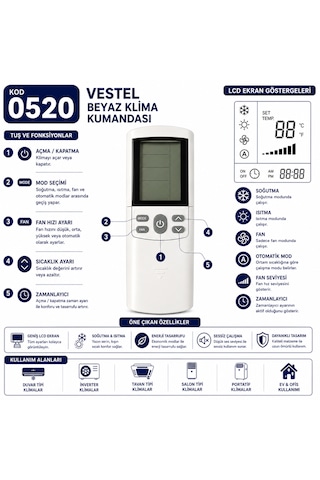 Vestel 0520 Beyaz Klima Kumandası Lcd Ekranlı Isıtma Soğutma Fan Mod Ayarlı Yedek Kumanda