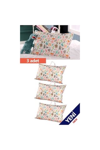 3'lü Set 70x50 Cm Yastık & Kıyafet Organizer Çocuk Hurç Sevimli Hayvan Desenli Çok Renkli