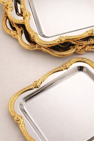 Jasper Zenya Lüx Gümüş Paslanmaz Çelik Gold Çerçeve Kahve Sunum Tepsisi Servis Dekoratif Tepsi