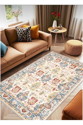 Retro Vintage Dijital Baskı Salon Halısı Kaymaz Tabanlı Yıkanabilir Halı Yolluk 526 Krem