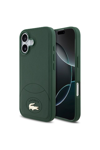 Apple Uyumlu iPhone 17 Kılıf Lacoste Lisanslı M-safeli Pu Deri Tasarımlı Metal Logolu Kapak Yeşil Yeşil