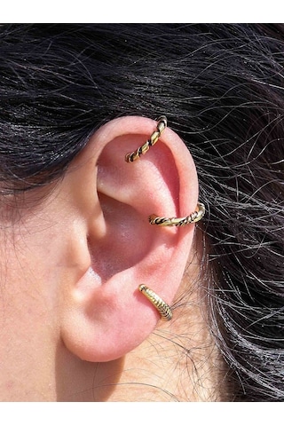 Vintage Antik 3'lü Deliksiz Ear Cuff Ayarlanabilir Kıkırdak Küpe Seti Eukk7 Sarı