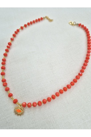 Koyu Turuncu Kristal Cam Boncuklu Bayan Kolye