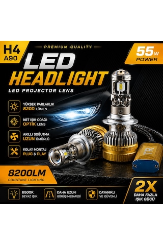 H4 A90 Led Xenon 55w 8200lm Optik Lensli 6500k Beyaz Işık Far Ampulü