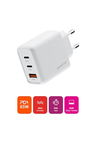 Polosmart Pbs135 65w Pd Hızlı Şarj Adaptörü 2 Type-c + Usb Çıkış 3 Port Güvenli Şarj Beyaz