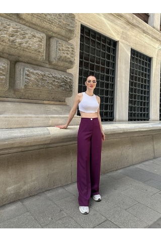 Yüksek Bel Palazzo Metal Düğmepantolon Mor