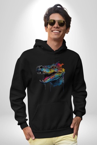 Timsah Renkli Kafası Kadın Erkek Siyah Kapüşonlu Sweatshirt Hoodie Siyah