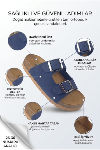 Rap Rap Hakiki Deri Ortopedik Taban Unisex Çocuk Terlik Lacivert