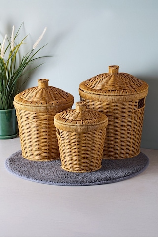 Bansko 3'lü Kahverengi Patates Soğan Sarımsak Sepeti Acıkkahverengı Hasır Kahve