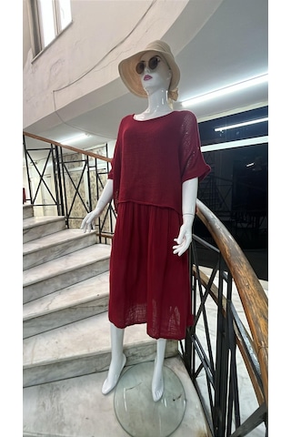 Eren Style İtalyan Müslin Keteni Üstü File Bluzlu Astarlı Tek Parça Elbise-9256 Bordo