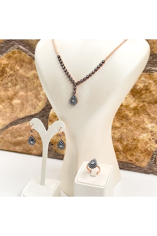 Elmas Montür Rosegold Damla Gümüş Set Takım - Lvrset11 Rose Gold