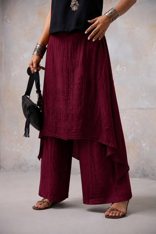Bohem Stil İtalyan Ham Keten Pantolon Etek Bordo