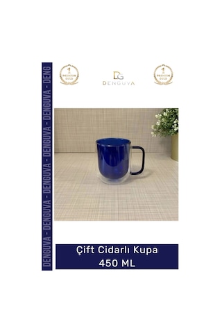 Camkupa Isı Yalıtımlı Modern Tasarım 450 Ml Kapasite Kaliteli Çift Cidarlı Cam Kupa Lacivert Çok Renkli