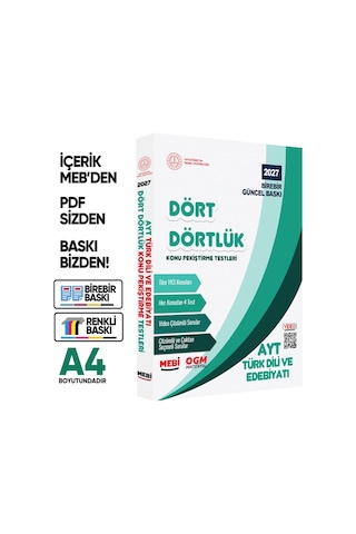 2027 YKS-ayt Mebi-ogm Dört Dörtlük Türk Dili Edebiyatı Pekiştirme Testi Soru Bankası Baskı Ücreti