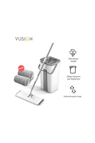 Vusıgn Düz Mop Paspas Seti Kovası Ve Mikrofiber Moplu Temizlik Seti 123 Cm