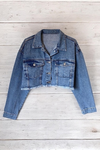 Kadın Mavi Taşlı Oversize Kot Ceket