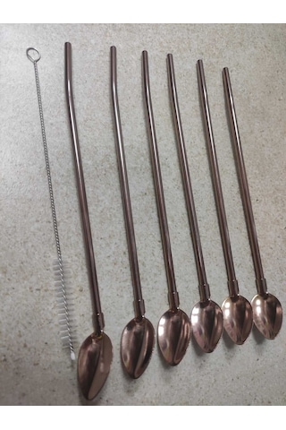 6'lı Paslanmaz Krom Pipetli Kokteyl Bar Kaşığı Ve Temizleme Fırçası, Pipetli Latte Kaşığı 22 Cm - Bronzkahve