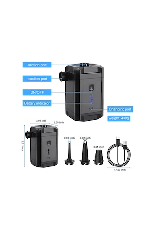 Ximistore9 Siyah Taşınabilir Elektrikli Havalandırıcı, 280l/dk Akış Hızı, 5000mah Pil, 3 Uç, Doldurma/boşaltma, Pil Göstergesi Abs Malzeme