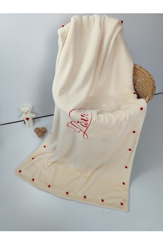 Tv Battaniyesi Love Nakışiı Kalpli Ponponlu Koltuk Şalı Battaniye Hediyelik Örtü Oyun Matı Ekru