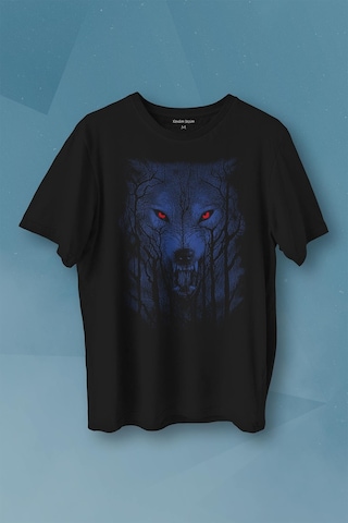 Gece Vahşi Ormada Bozkurt Bordo Maviz Gözlü Kurt Wolf Baskılı Tişört Unisex T-shirt 001