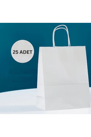 Büküm Saplı Kağıt Poşet Çanta 8x18x24 Cm Hediye Ve Alışveriş Çantası, 25 Adet, Beyaz Renk Tüm Yaşlar