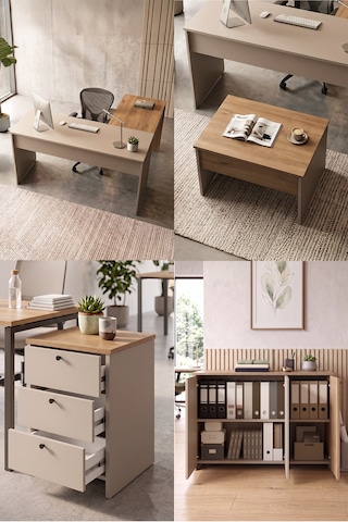 Robin Home Opus Yönetici Ofis Takımı Makam Takımı Çalışma Masası Sehpa Keson Klasör Dolabı 4 Parça Sepet-kumsal Kahverengi