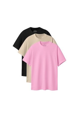 Velvoria Unisex Oversize Basic 3'lü Siyah Bej Pembe Renk T-shirt Çok Renkli9