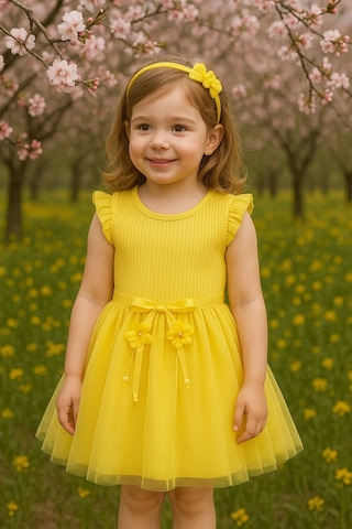 Kız Çocuk Sarı Doğum Günü Özel Gün Günlük Pamuklu Tül Prenses Elbise Sarı