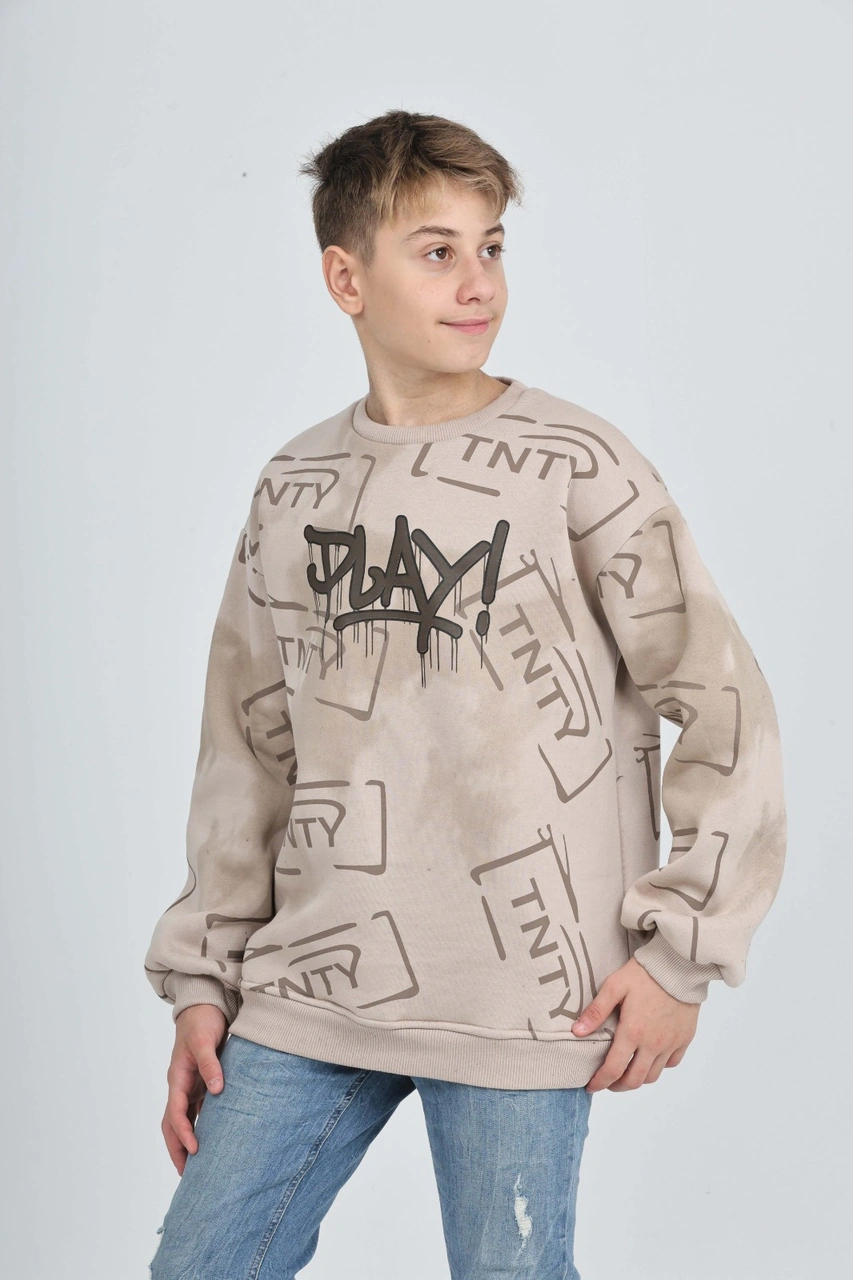 Toontoy Kids Toontoy Erkek Çocuk Play Baskılı Sweatshirt Bej
