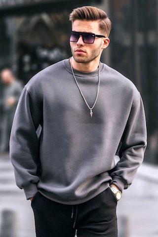 Füme Bisiklet Yaka Oversize Şardonlu Basic Erkek Sweatshirt 6048 Füme