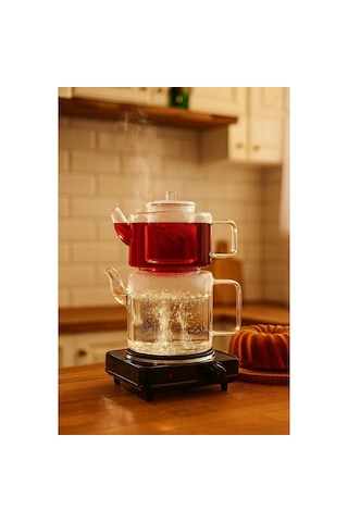 Bohem 1100 Ml + 2000 Ml Cam Süzgeçli Borosilikat Cam Demlik, Isıya Dayanıklı Cam Kapaklı, Çaydanlık Şeffaf