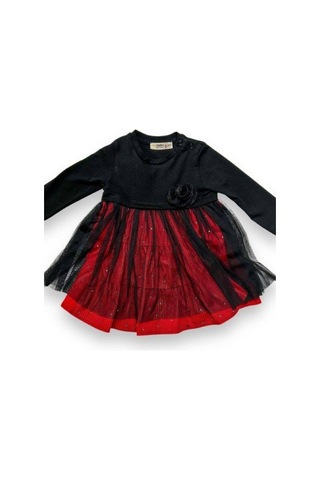 Çikoby Kız Bebek Gül Detaylı Kadife Taşlı Elbise-14901 Siyah