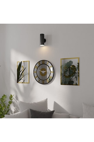 Dekoratif Ayna Pleksili Elif Vav Tasarımlı 3 Parça Duvar Saati Gümüş - Altın