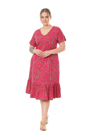 Melsay Butik Göğüsten Robalı V Yaka Kısa Kollu Pembe Çiçek Desenli Cepli Elbise Pembe