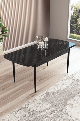 Eylül Serisi 80x132 Açılabilir Suntalam Metal Ayak Siyah Mermer Desen Mutfak Masası,yemek Masası Siyah Mermer Desen