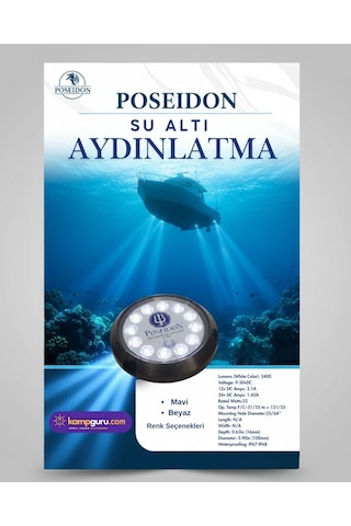 Poseidon Yeni 12 Ledli Mavi 12 Volt - 24 Volt, 40 Watt Led Su Altı Aydınlatma