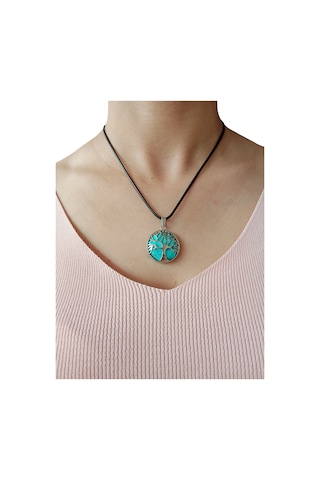 Turkuaz Doğal Taşlı Hayat Ağacı Çelik Kolye - Kadın Mor